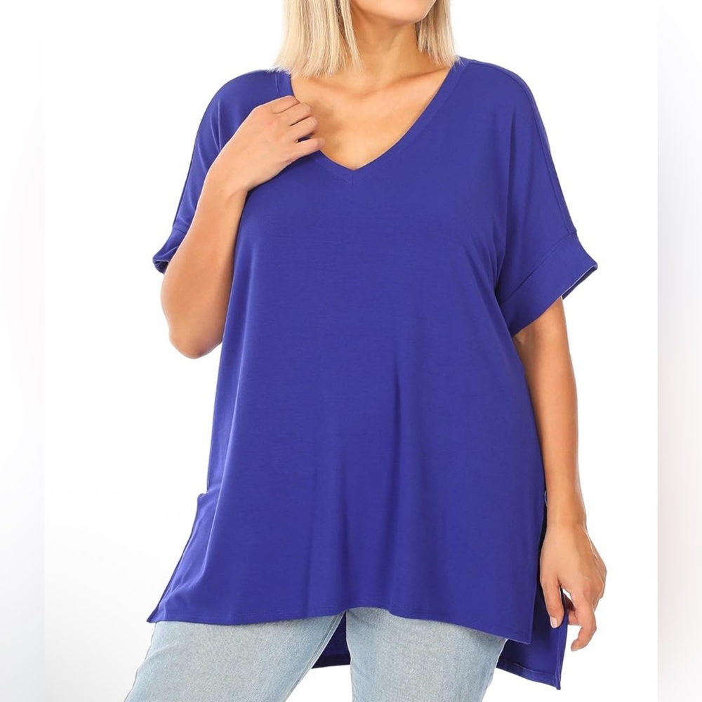 Women’s ZENANA Royal Blue Rolled Sleeve Side Slit Hi/Lo Short Sleeve Top Size 1X